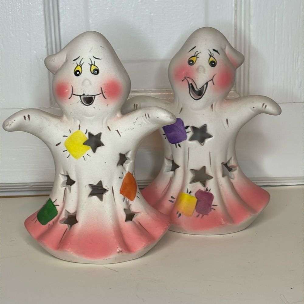 Set of 2 Ceramic Halloween ghost tea light candle holders with star cut outs